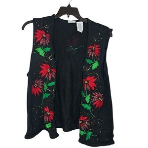 Vintage Poinsettia Sweater Vest XL Christmas Holiday Floral Retro